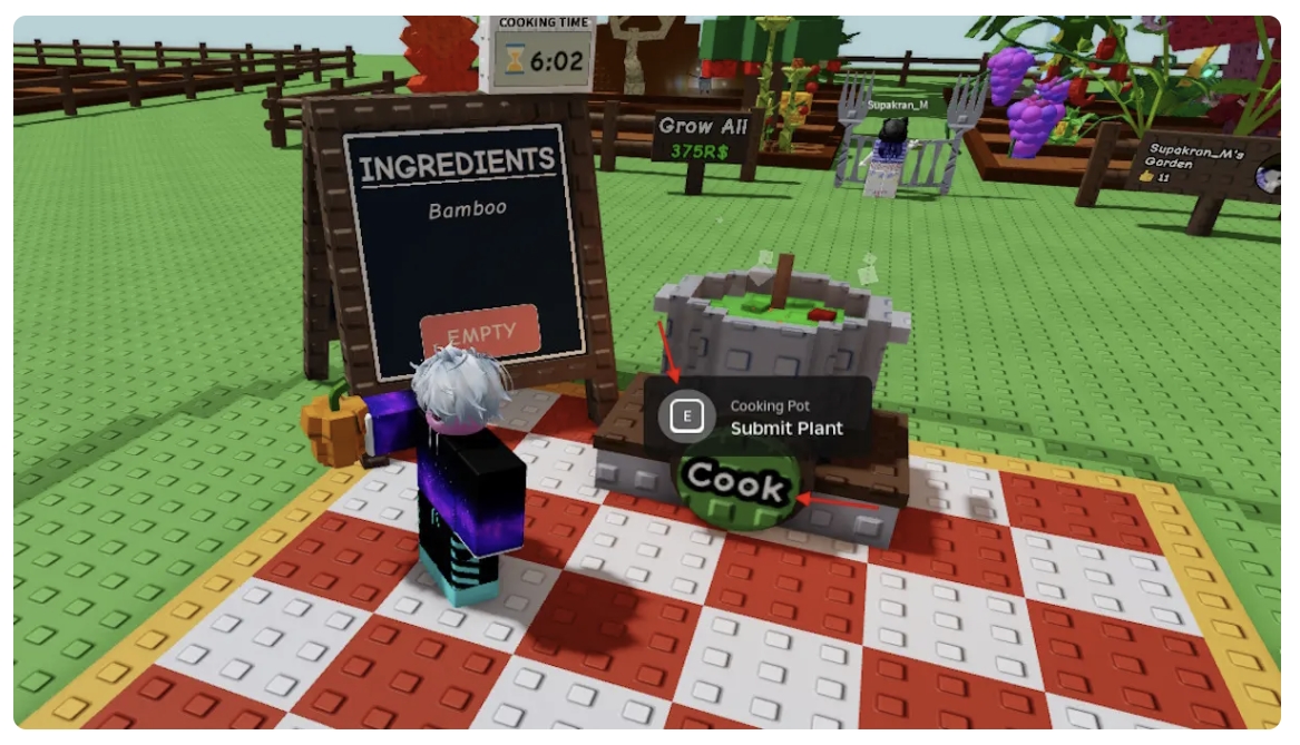 Grow A Garden Cooking Process - Cooking Pot Interface with Ingredients Board and Cook Button